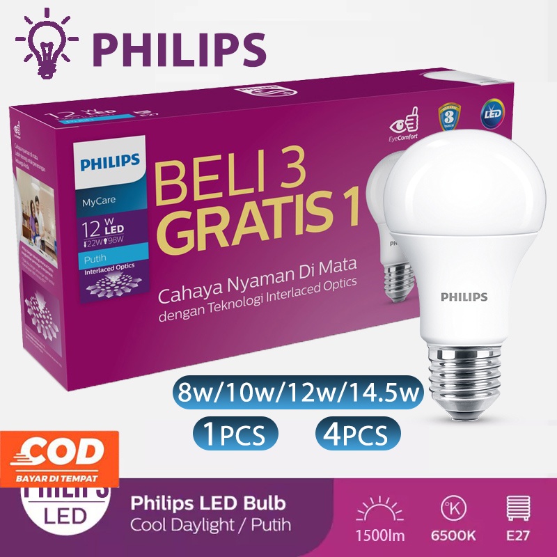 NEW Lampu Philips Lampu LED Philips 8W 10W 12W 14.5 Watt Multipack Lampu led rumah Led Bulb 230V 6500K Putih 1Pcs/2Pcs/4Pcs