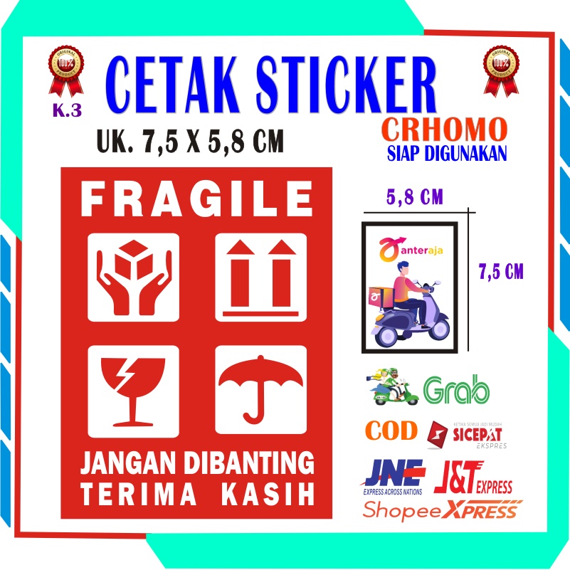 Jual S   TIKER LABEL STICKER FRAGILE / PECAH BELAH / KERTAS CHROMO / AWAS