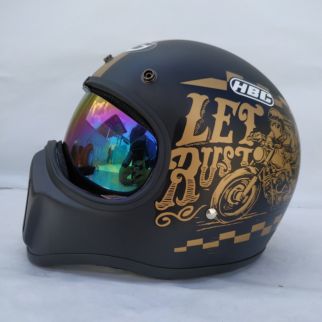 Helm Cakil HBC Rust Dust Black Font Gold + Inner Visor ( Fullface / Retro / Klasik / Vespa )