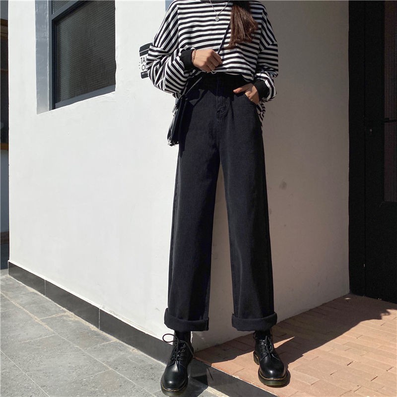 Jeans hitam loose wanita high waist Korea style celana panjang