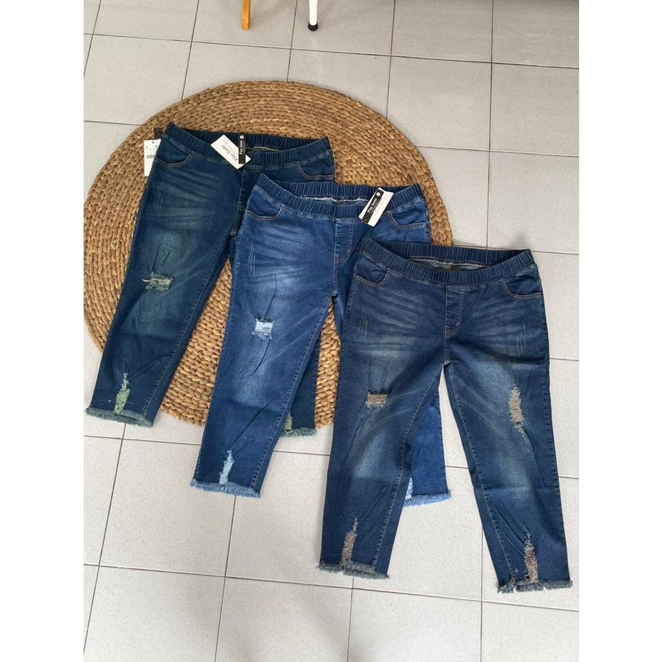 Celana Jeans 7/9 Pinggang Full Karet Jumbo Celana Jeans Bigsize Distro