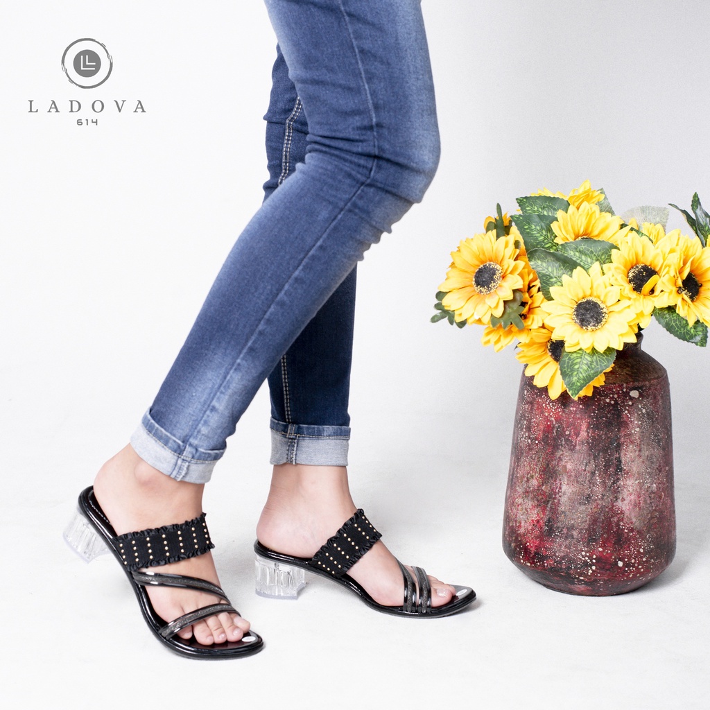Ladova SOFIYA Sandal Wanita Heels Pesta Hak Kaca 5cm Tali Renda Elastis Kombinsi Jelly Party Terbaru