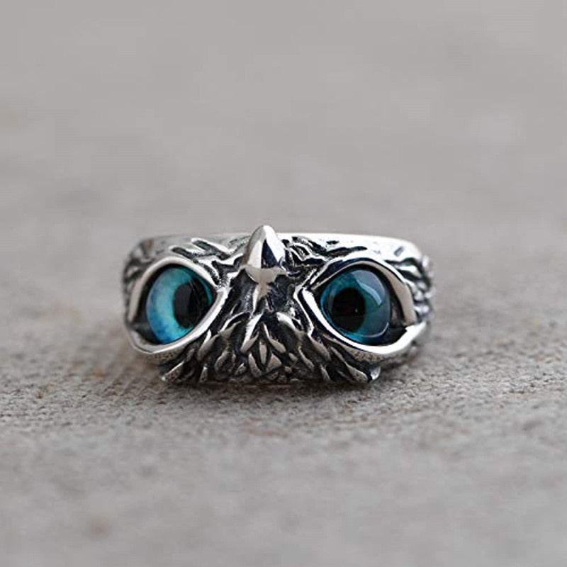 Cincin Desain Mata Burung Hantu Iblis Warna Biru Gaya Vintage Untuk Pria Dan Wanita