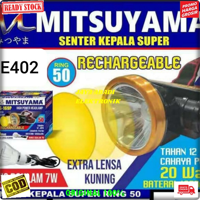 G402 ORIGINAL MITSUYAMA LED LAMPU SENTER KEPALA PALA CAS CASAN HEADLAMP HEAD LAMP BATERAI PUTIH KUNI