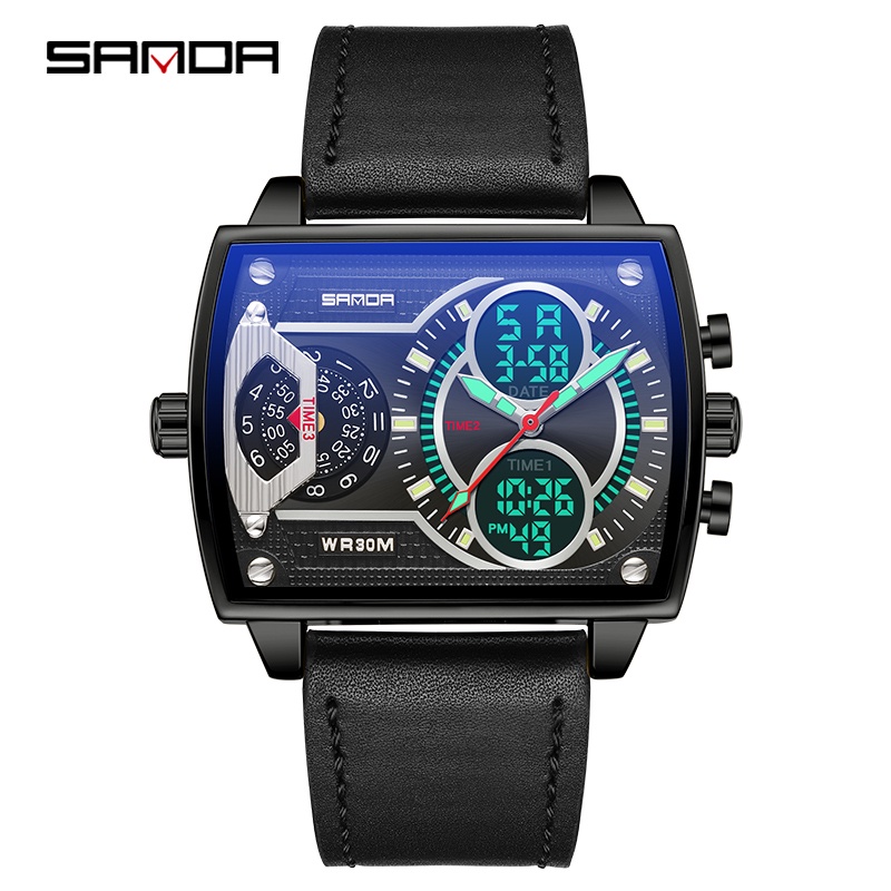 SANDA 6032 Jam Tangan Pria Digital Analog Tali Kulit 3 Time Zone Display EL Backlight WATCHKITE WKOS