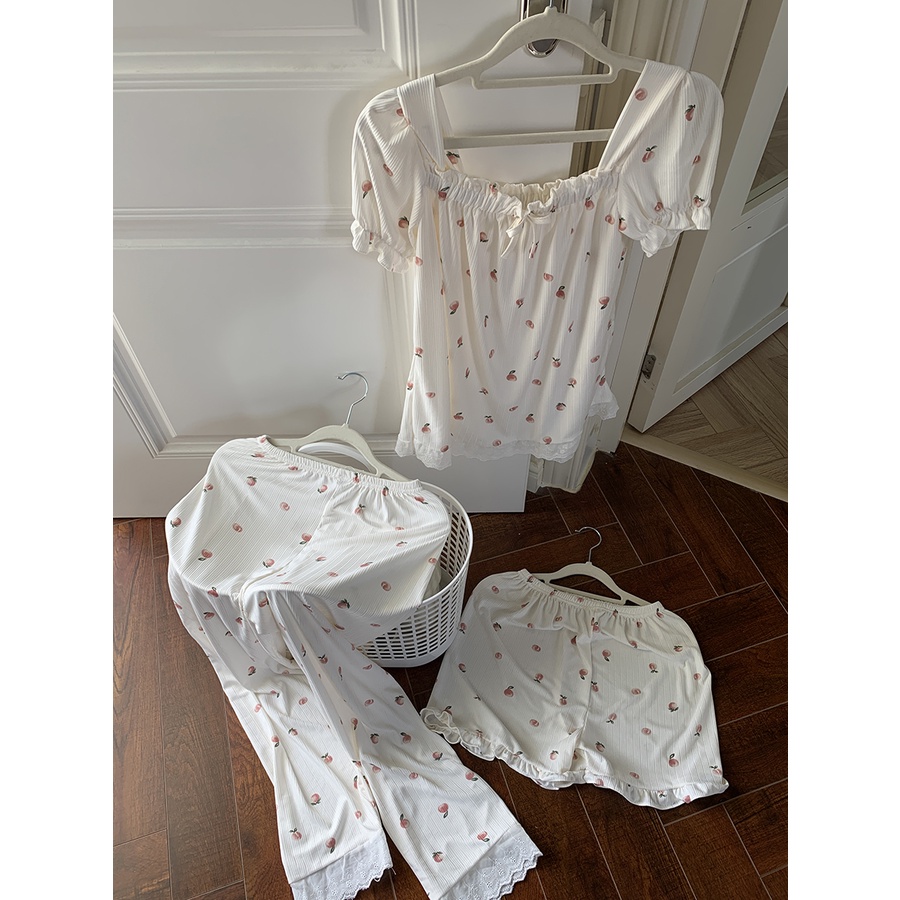 piyama set 2022 baru celana pendek tiga potong setelan leher persegi lengan pendek piyama wanita musim panas