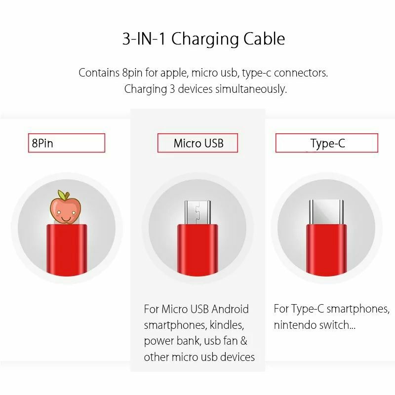 Kabel charger 3 in 1 port USB untuk micro usb, lighnting, type C