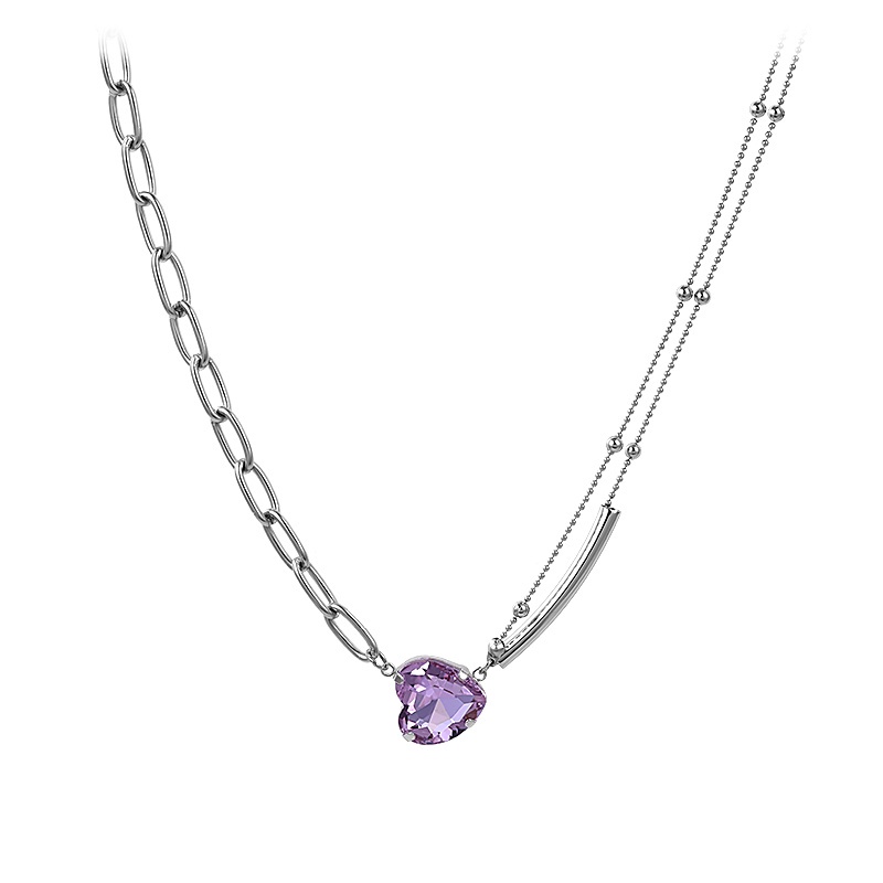 Asymmetrical Necklace Accessories Purple Heart Rhinestone Clavicle Chain Double Short