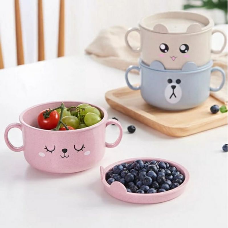 Jc Acc Mangkok Makan Anak Karakter + Tutup / Jerami Soup Bowl Cartoon BPA Free / Mangkuk Gelas Sup C