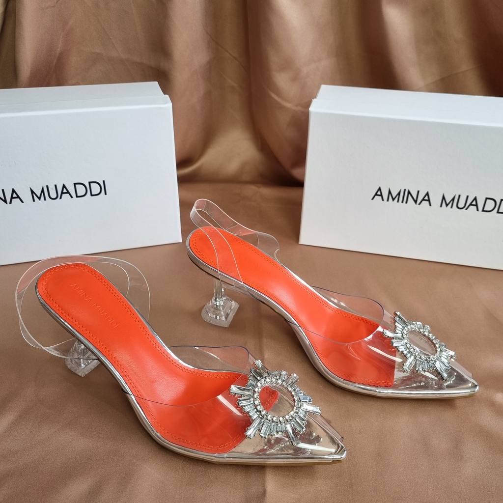 SEPATU AMINA MUADDI WANITA BEGUM CRYSTAL GLASS SLING HEELS TRANSPARAN PVS