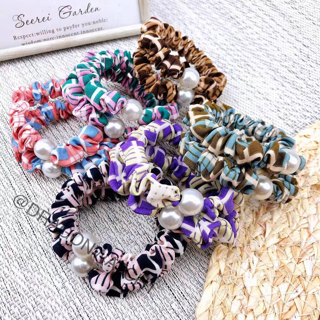 [Fashion Wanita] Ikat rambut mutiara motif Kotak-kotak gaya korea elastis cincin rambut import  T011