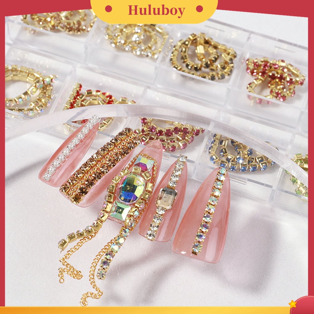Huluboy Huluboy♡ 12pcs / Set Ornamen Rantai Berlian Imitasi 3D Bahan Metal Untuk Dekorasi Kuku Wanita