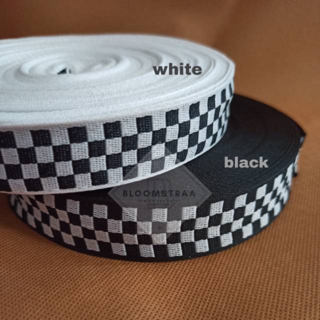 Webbing catur tali kain kotak hitam putih pita checkerboard tali sendal tali celana catur trackpants