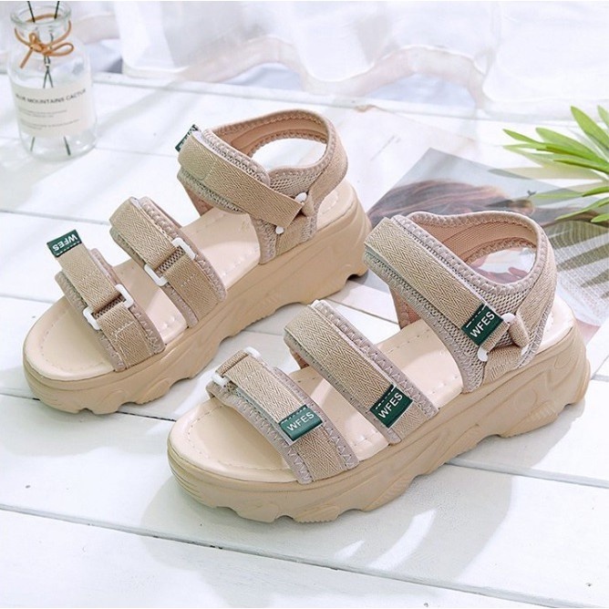 TBIG [COD] Sandal Gladiator 3 Tali Strap WFES Wanita Import Korea Style Santai Gunung Wanita-Krem