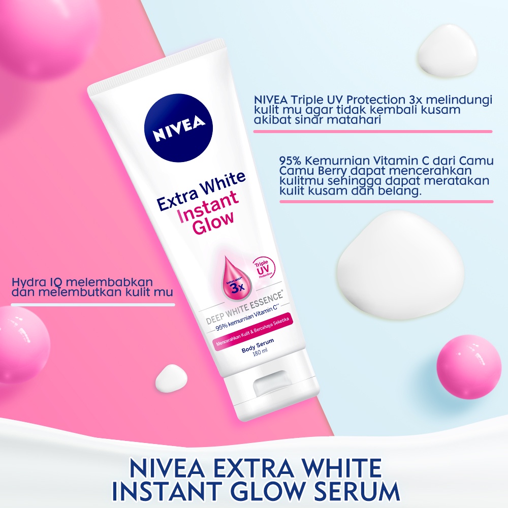 NIVEA Extra White Instant Glow Body Serum SPF25 180ml / Body Lotion SPF15 200ml - Mencerahkan Kulit  (Kemasan Besar Kecil Sedang) - Handbody Hanbody Hand Body Handbodi Hanbodi Radian Smoth Putih Instan Glowing