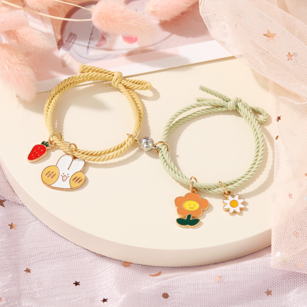 2Pcs Korean Cartoon Animal Pendant Magnetic Couple Bracelet Multifunction Bracelet Hair Band Colorful Hair Tie Women Jewelry Accessories