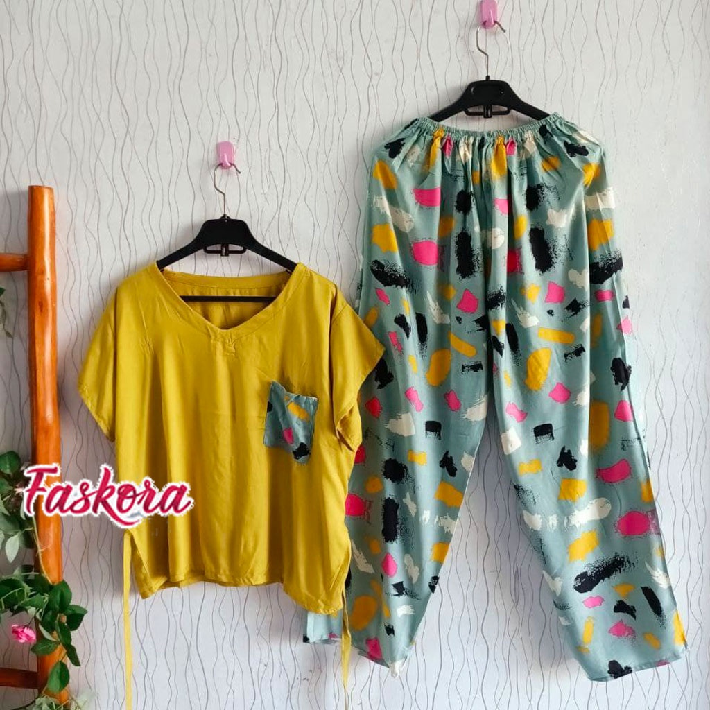 Piyama Rayon Jumbo Lengan Pendek One Set Wanita Kekinian Remaja Pajamas Polos Kombinasi Auristela-3
