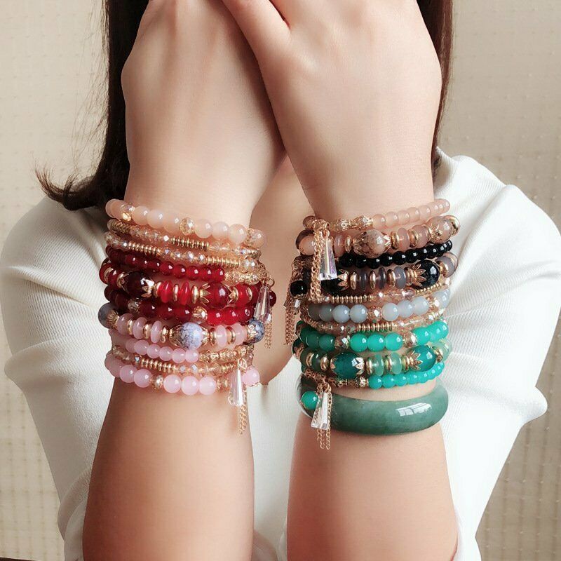 Gelang Tangan Wanita Manik Mutiara Kristal Multi Layer