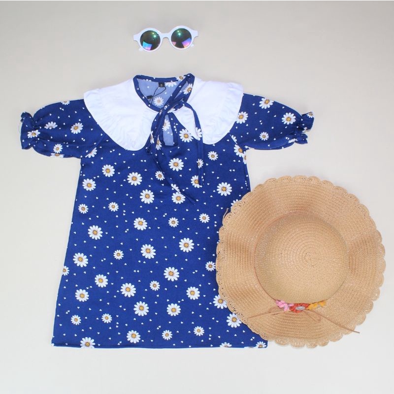 DAISY DRESS - Baju Setelan bunga motif kekinian Anak Bayi Baby Kids Cewek Perempuan syakila Lucu Murah 1 2 3 4-Navy