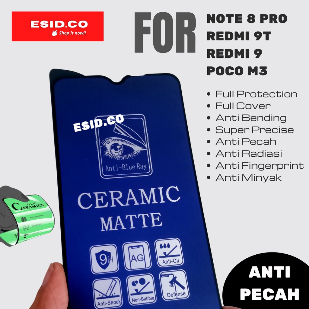 Tempered Glass Poco M3 Redmi 9t 9 Note 8 Pro Ceramics Blue Matte Dove Anti Radiasi Blue Fingerprint