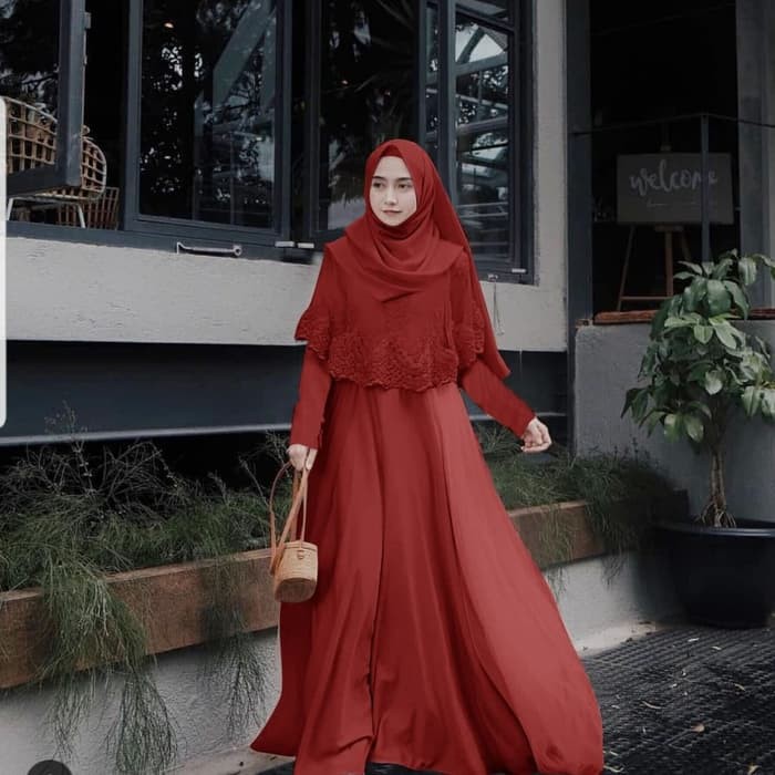 GAMIS PESTA BROKAT BAJU MUSLIM TERBARU MAXI ANGGINA HIJAB Merah