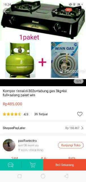 Kompor Rinnai Ri-302s+tabung Gas 3kg+isi Full+selang Paket Win