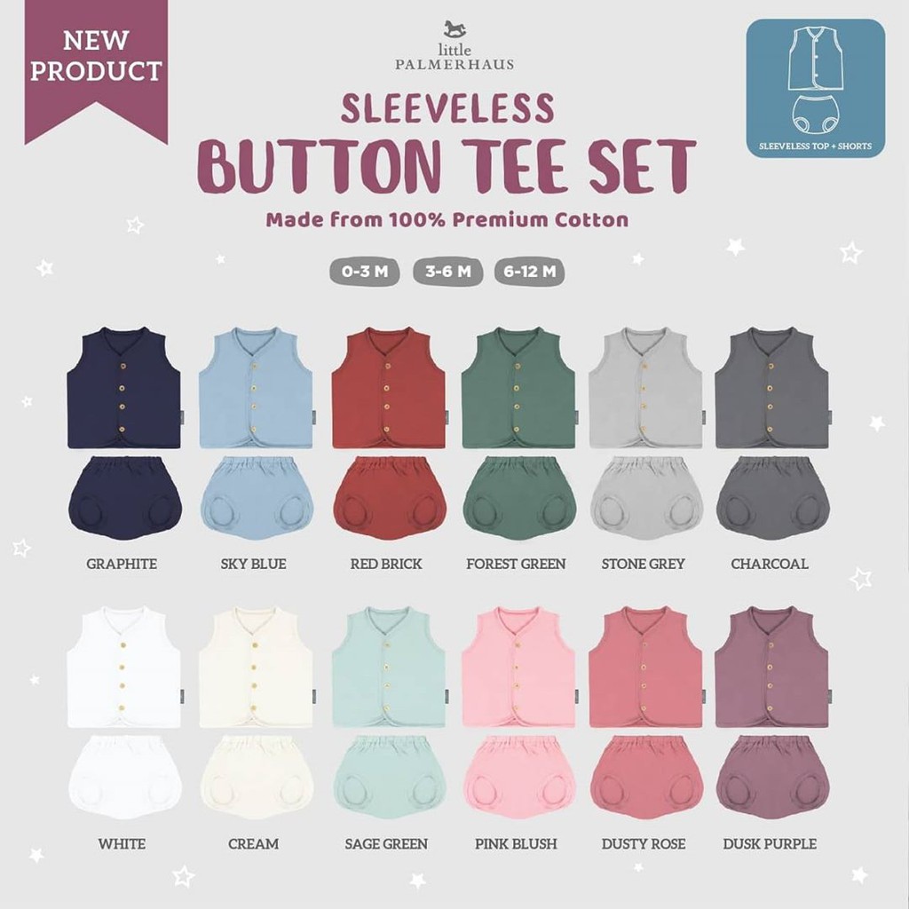 Setelan Kutung Bayi Baju Anak Tanpa Lengan 0-12 Bulan Palmerhaus Button Tee Sleeveless