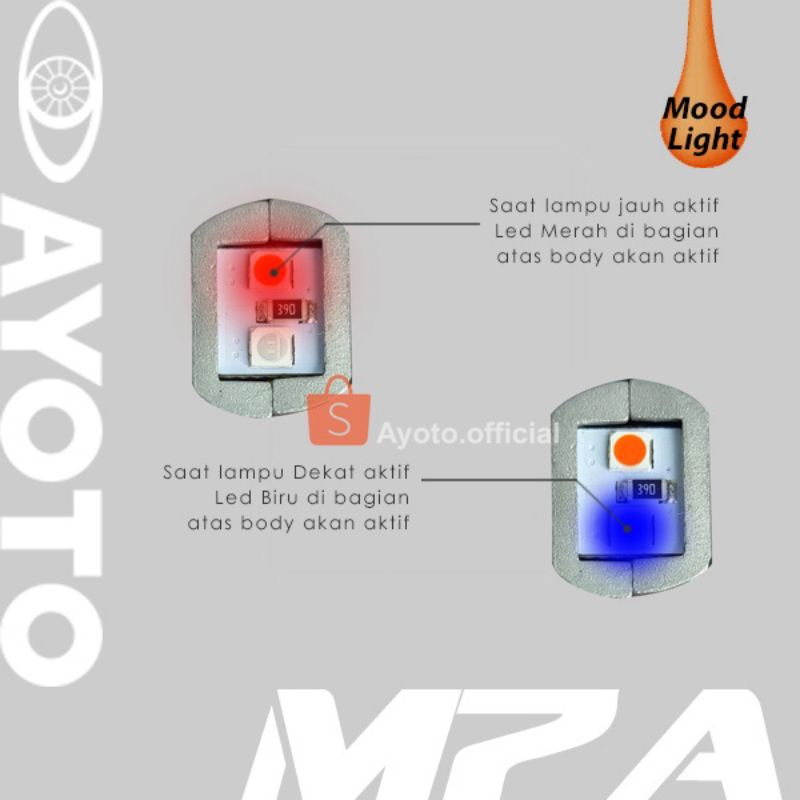 LAMPU LED DEPAN AYOTO M7A H6 CAHAYA 2 WARNA PUTIH KUNING PLUS LAMPU SERI BISA BIRU BISA MERAH pedingin kipas AC DC BEBEK MATIC