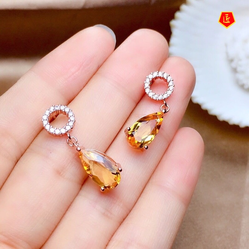 [Ready Stock]New Citrine 925 Silver Colored Gems Stud Earrings