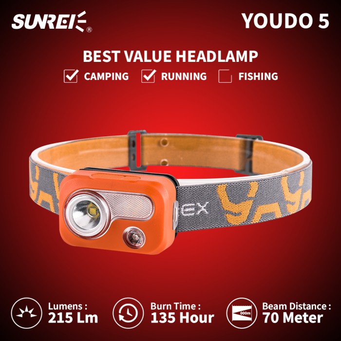 Senter Kepala Headlamp Sunrei Youdo 5 215 Lumens IPX7 Camping Outdoor