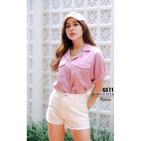Kemeja wanita import Giant basic NewBangkok bahan katun premium-Abu