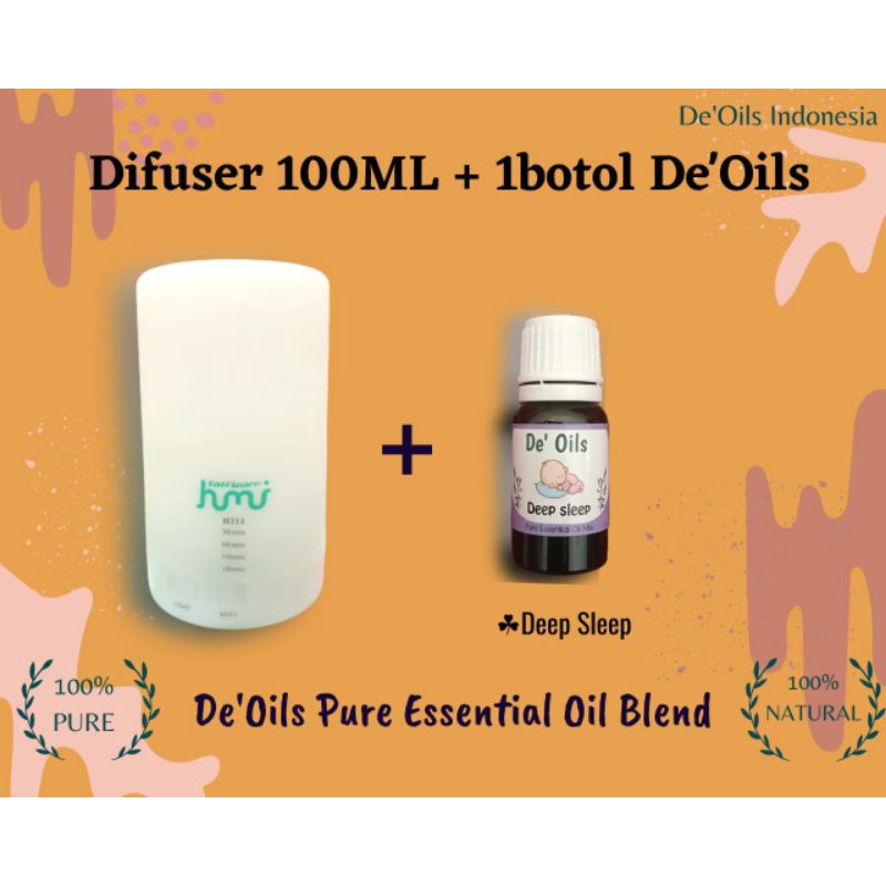 Difuser Humidifier 100ml + De'Oils Essential Oil Murni for baby Pure Essential Oil Imune Booster