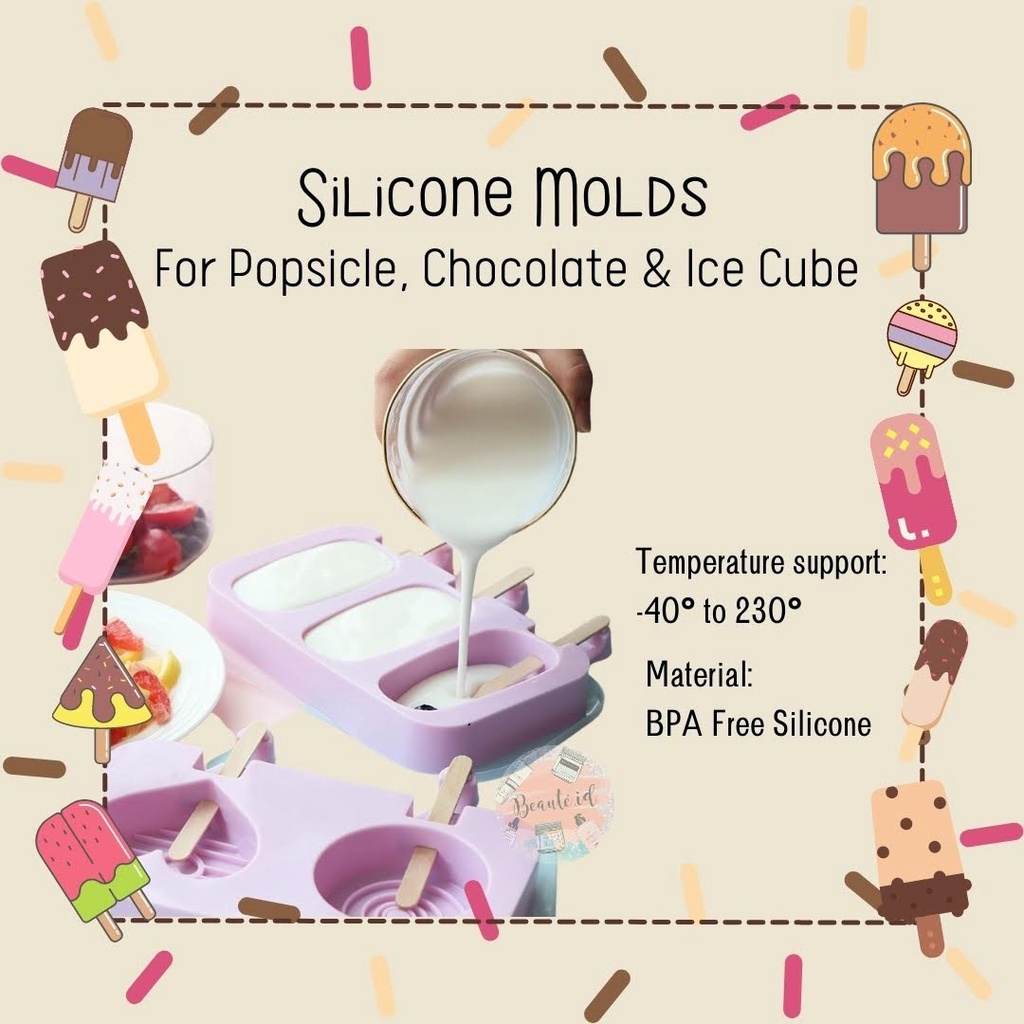 Tempat Alat Cetakan Es Krim 3 Cute Hole Silicone Mold Dessert with 50 Popsicle Sticks / Cetakan Coklat Valentine / Cetakan Es Batu Ice Cube Tray Lucu Anak Berkualitas Food Grade