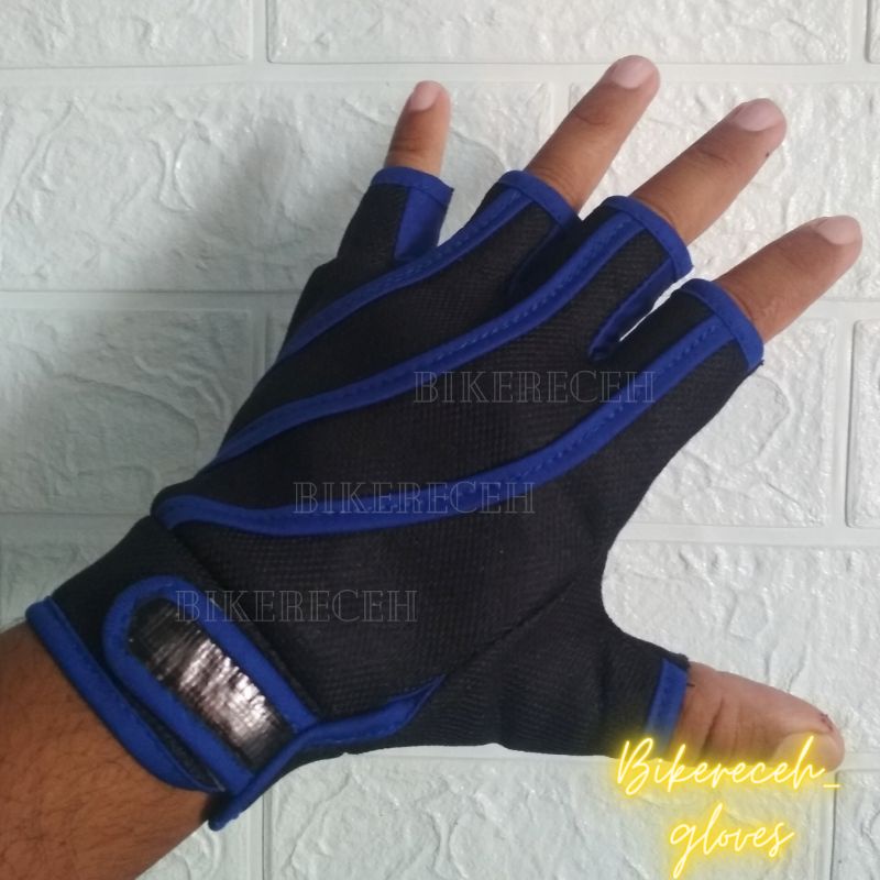 Sarung Kaos Tangan Glove Half Finger Sepeda Motor Motif Garis Salur - Biru