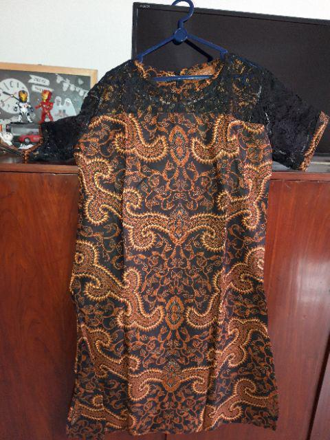 Dress Yarisa Batik Sogan Kombinasi Brukat Lace Minidress Broklat Kondangan Kerja Pesta Seragam