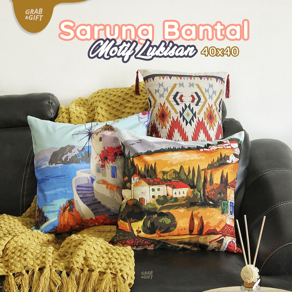 SARUNG Bantal Sofa Motif Painting Scenery Pemandangan Lukisan 40x40 cm Landscape Painting Cushion Cover Pillow