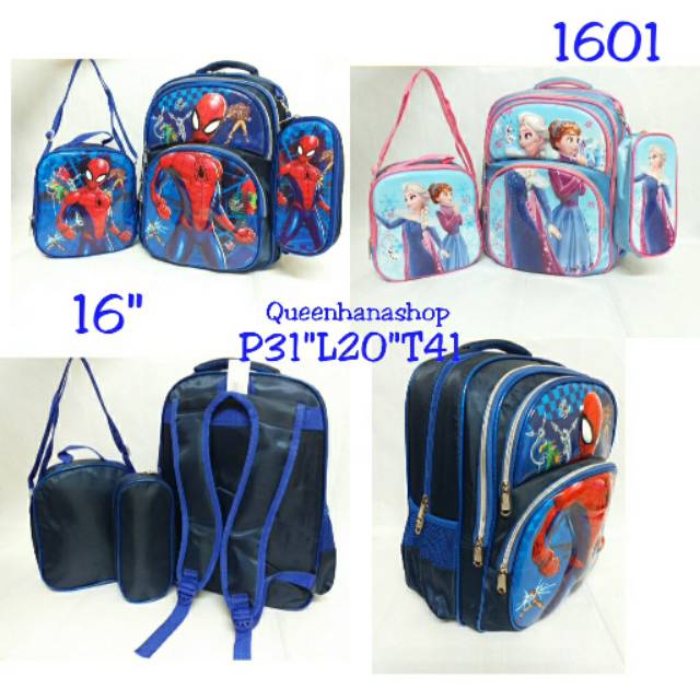 TAS RANSEL SEKOLAH SD 3IN1 /TAS SEKOLAH ANAK/TAS RANSEL KARAKTER FROZEN SPIDERMAN