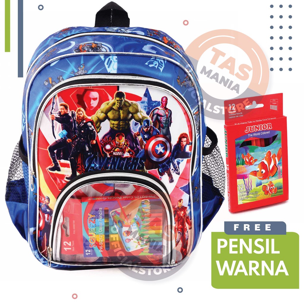 PTS -Tas Anak Cowo / Laki Laki Karakter / HULK Spiderman Boboiboy Avangers - CLEARLY BACKPACK + PENSIL WARNA