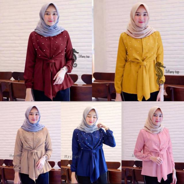 Nadia Blouse - Blus Kemeja Mutiara Lengan Kerut