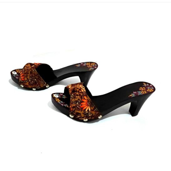 Sandal Klompen Kayu Higls Heels Wanita Perempuan Modern Motif Batik