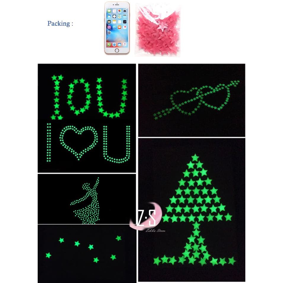 100Pc Glow in The Dark Star / Bintang - Stiker Dinding / Wall Sticker - MIX COLOR