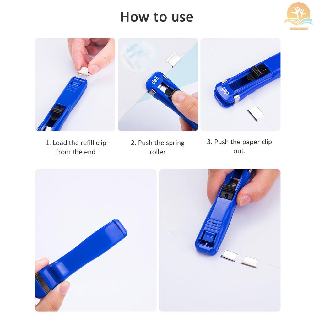 Deli Paper Clip Dispenser Handheld Fast Clam Clip Dispensers with 8 Refill Clips Kit Stationery Supplementary for School Office