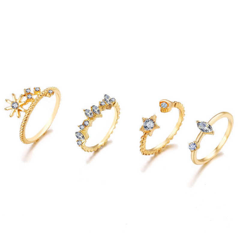 Set Cincin Vintage Gold Crystal Ring Set Bohemian Moon Star Rings Women Finger Ring Wedding Jewelry