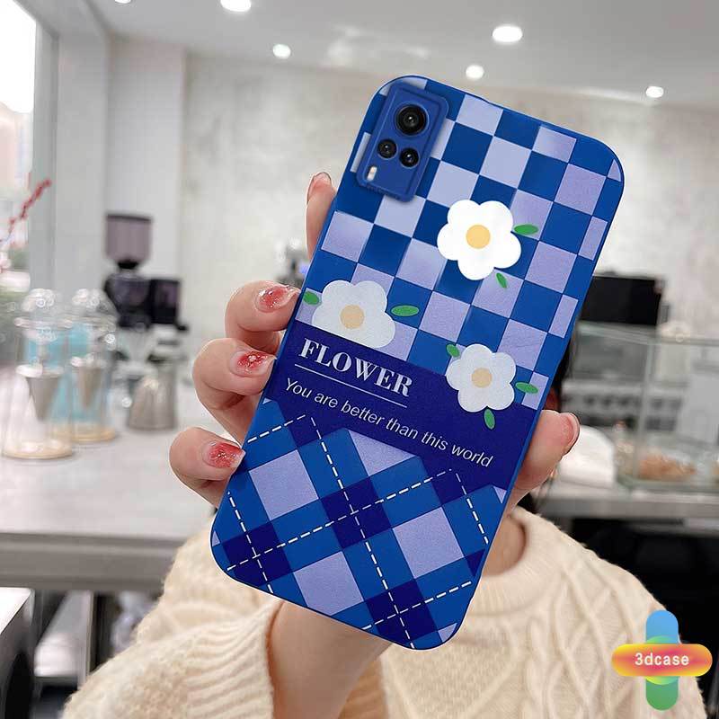 Case Samsung A32 A52 A12 A51 A03S A10S A50 A20S J7 Prime A02S A20 A72 A50S A10 A30S A52S A30 M12 M10 M01S A54 A15 A16 A9 A5 Y12 Y20 A12 Klein Blue Plaid White Flower Anti-fall Case