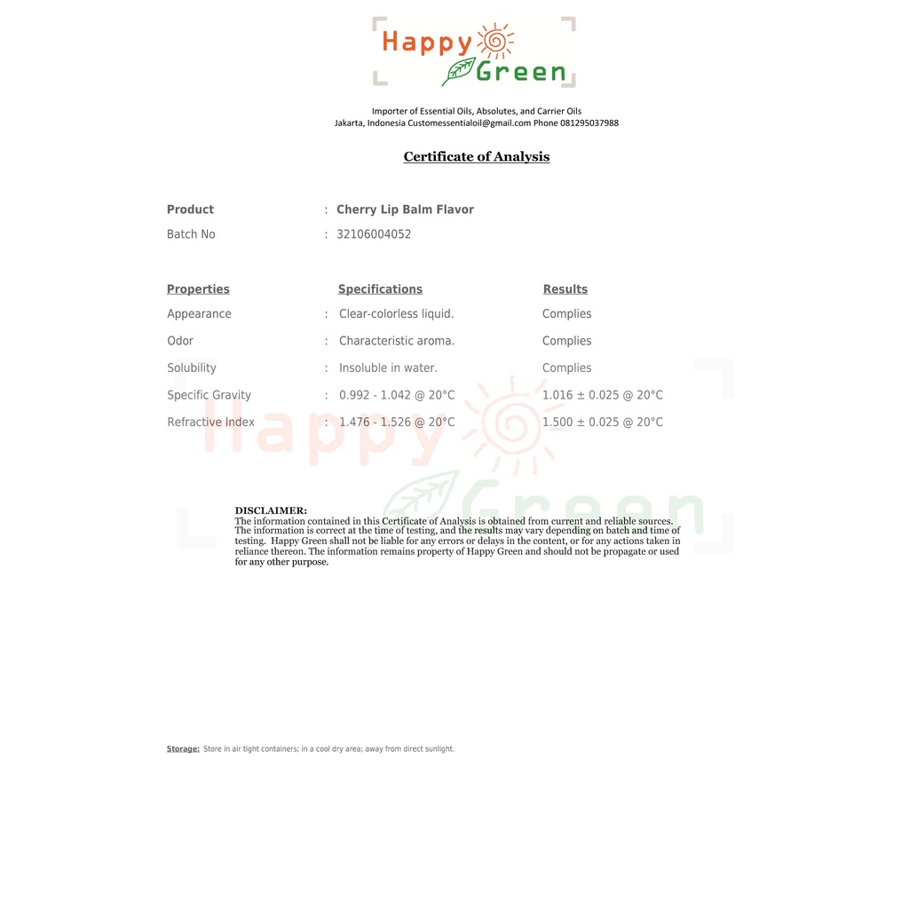 Happy Green Cherry Aroma For Lip Balm - Aroma Buah Ceri Untuk Lip Balm / Lip Tint/ Lip Stick