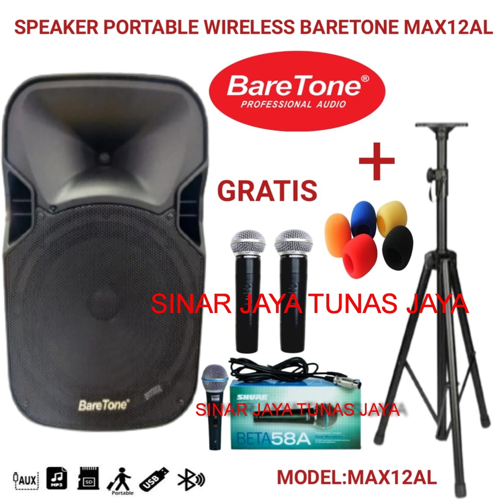 speaker portabel baretone max 12 al 12inch aktif portable max12al max 12 al baretone original free bonus