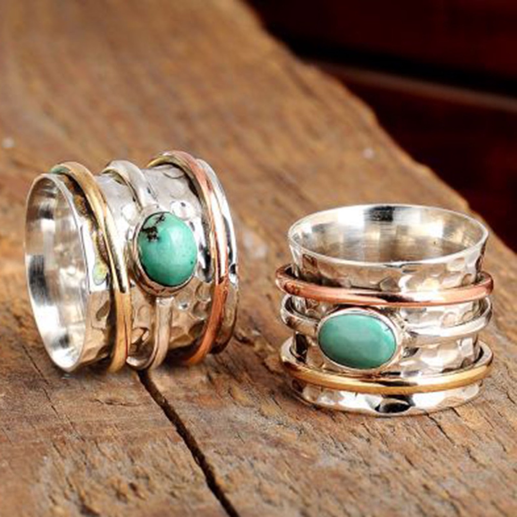 Hu Hu Hu Hu Hu Alat Bantu Pasang Kacamata♡ Cincin Pria Tiga Warna Turquoises Gaya Bohemian Vintage Untuk Kencan