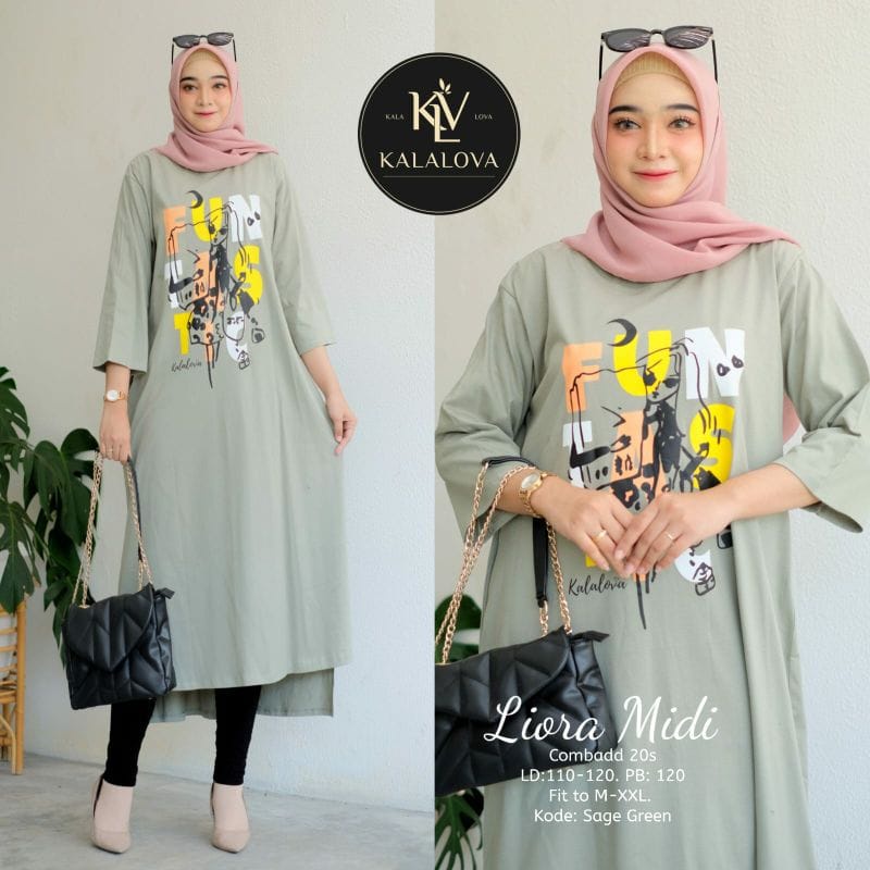 Liora Midi Baju Kaos Wanita Midi Dress Muslim Matt Combed Aksen Sablon Dress Wanita Casual Dress Jumbo