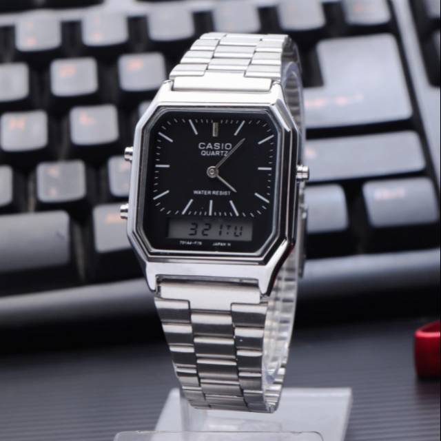 JAM TANGAN UNISEX CASIO AQ230 DUAL TIME RANTAI STAINLESS STEEL KOTAK (KW SUPER)