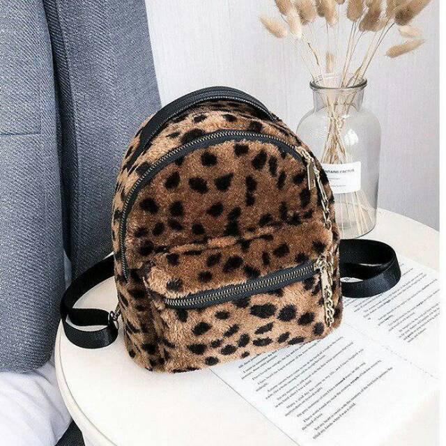 Tas Ransel Fashion leopard 2118 bludru wanita branded batam import FS